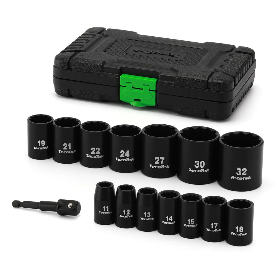 TecoTek 15-piece 1/2-inch drive socket set laid out for quick size selection