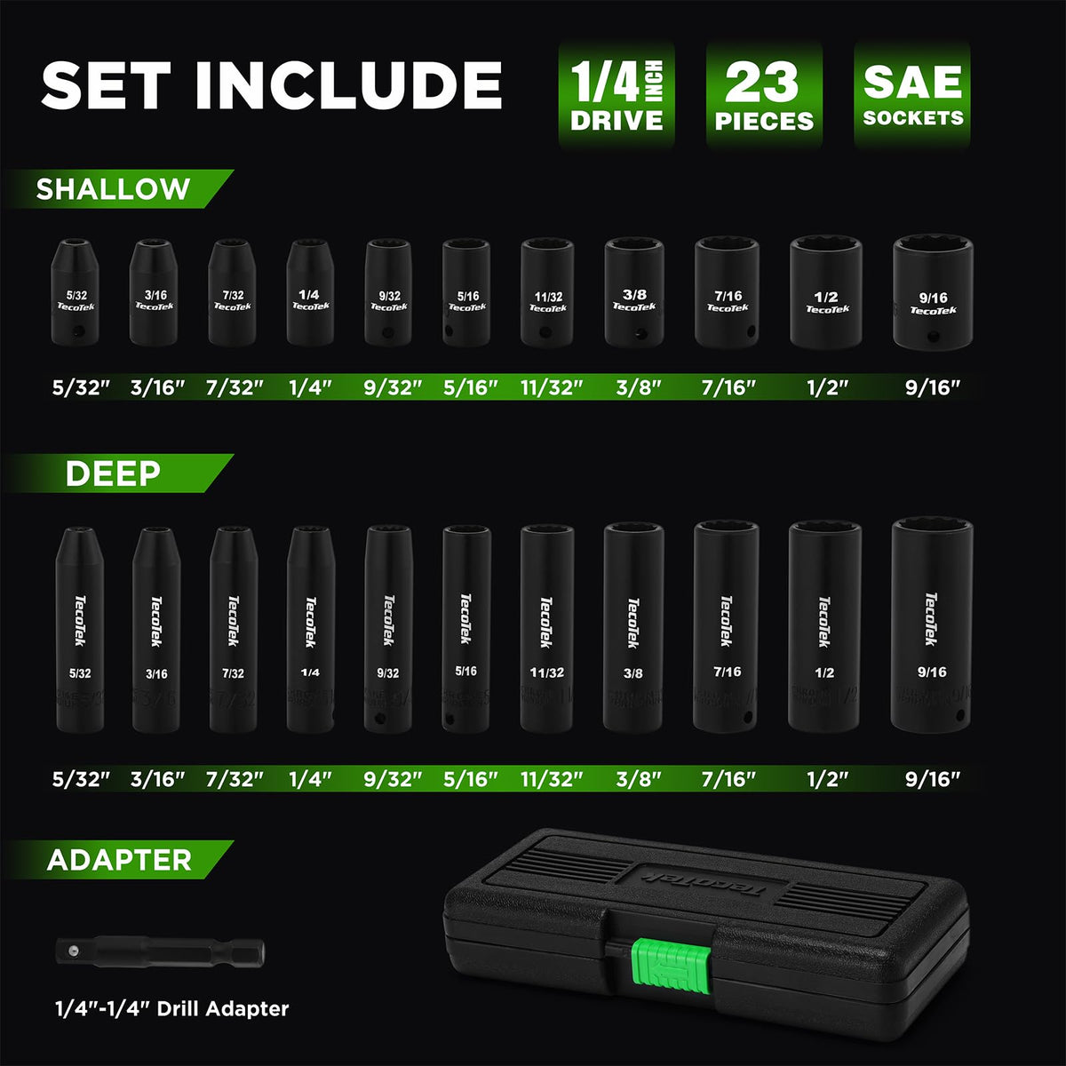 TecoTek 1/4 drive shallow sockets with 12-point design for quick seating.