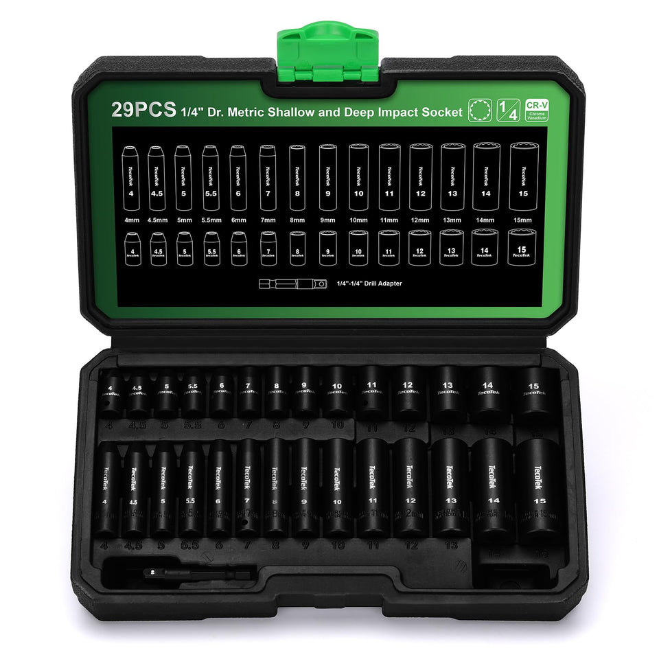 TecoTek 29-piece deep socket set with metric 4-15 mm for secure fastener engagement