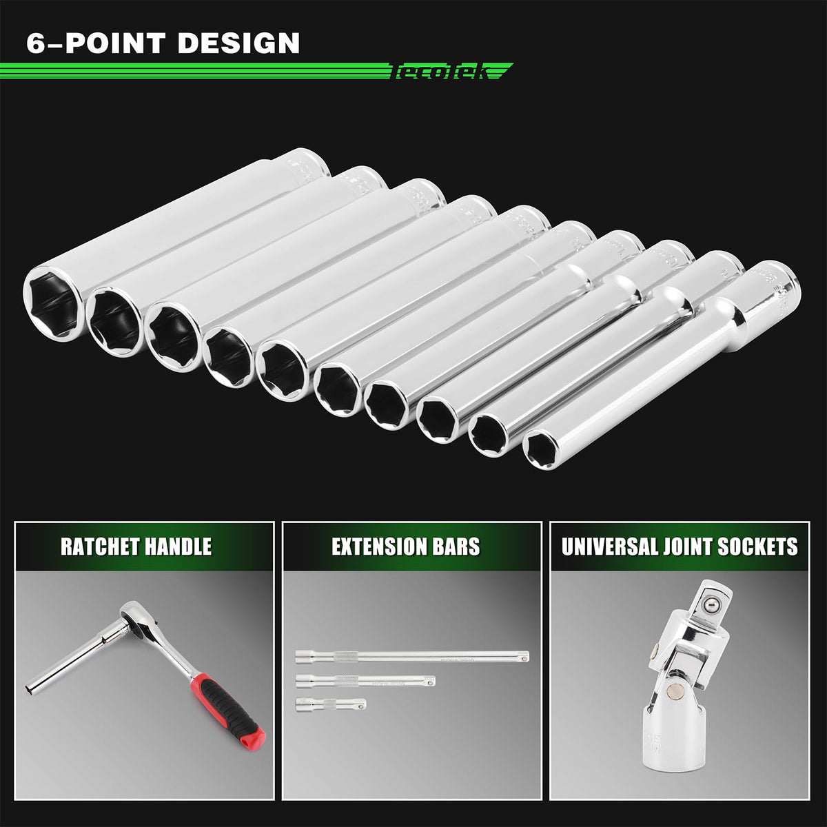 TecoTek chrome vanadium steel sockets offer lasting corrosion resistance.