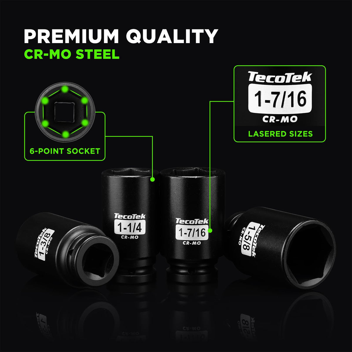 TecoTek 3/4-inch drive deep six-point socket 1-1-4 inch; broad compatibility with large fasteners.