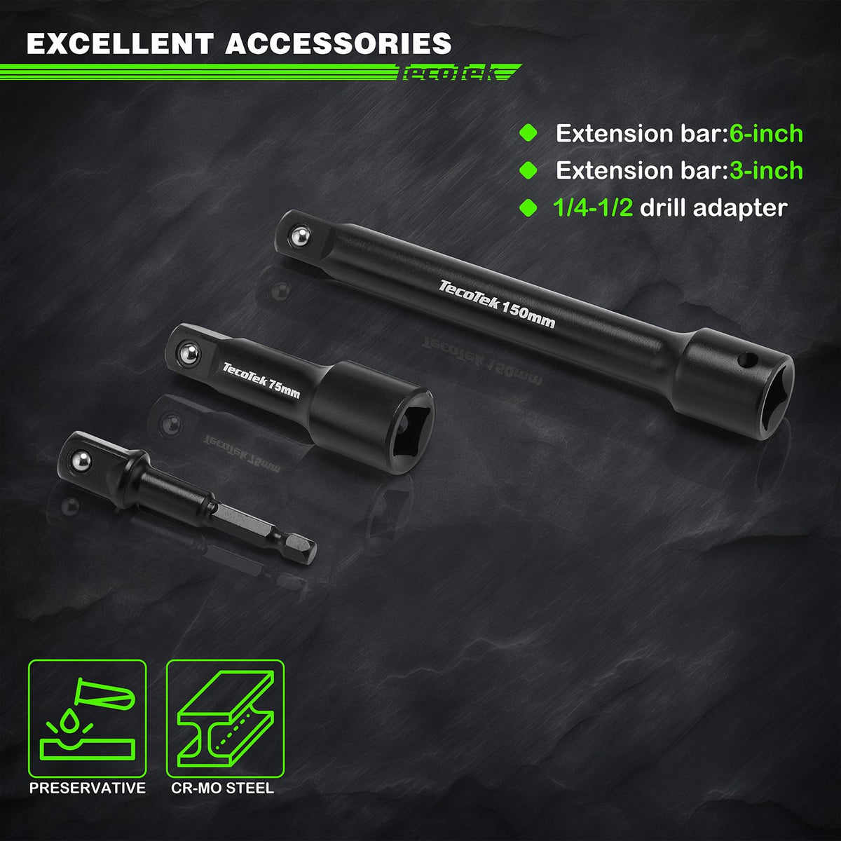 TecoTek 3-inch extension bar enables reach in tight spaces