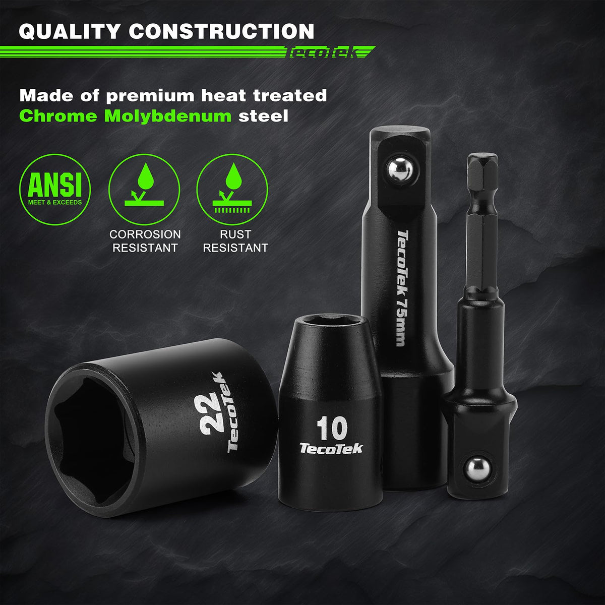 TecoTek six-point design sockets prevent rounding under high torque