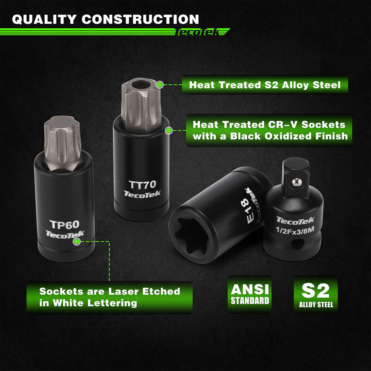 TecoTek precision bit sockets ensure smooth engagement with Torx fasteners across sizes.