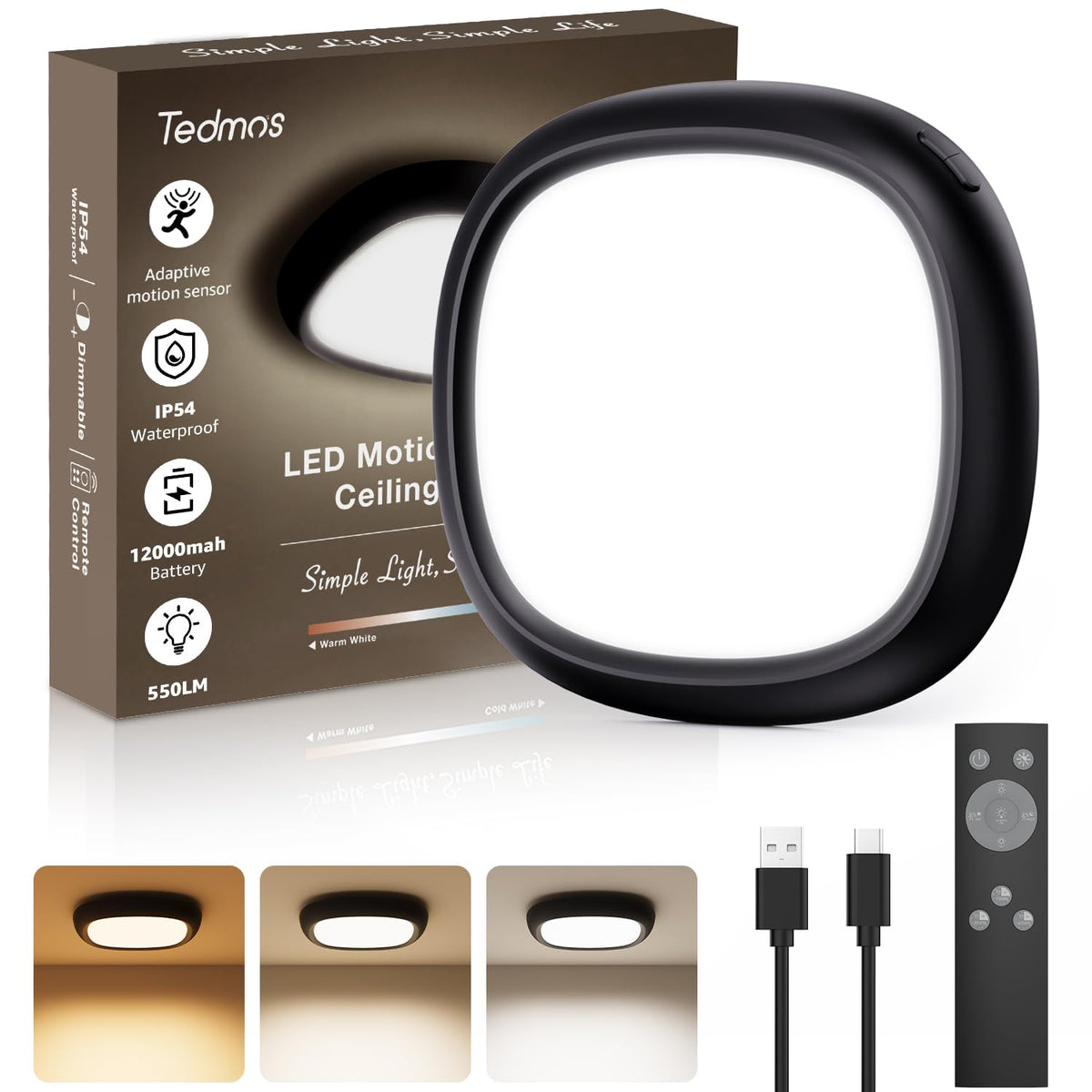 Tedmos motion-sensor ceiling light with remote for hands-free bathroom lighting.