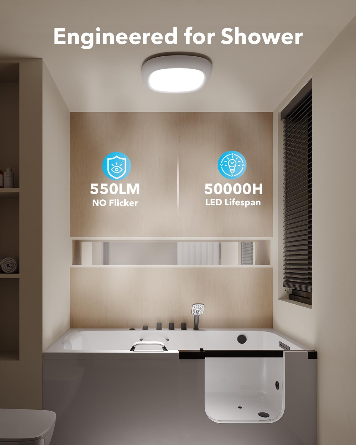 Tedmos motion sensor shower light detects movement up to 16 feet.