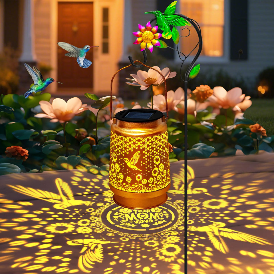 TEDOF hummingbird solar lantern with sheep hook lights up gardens at night