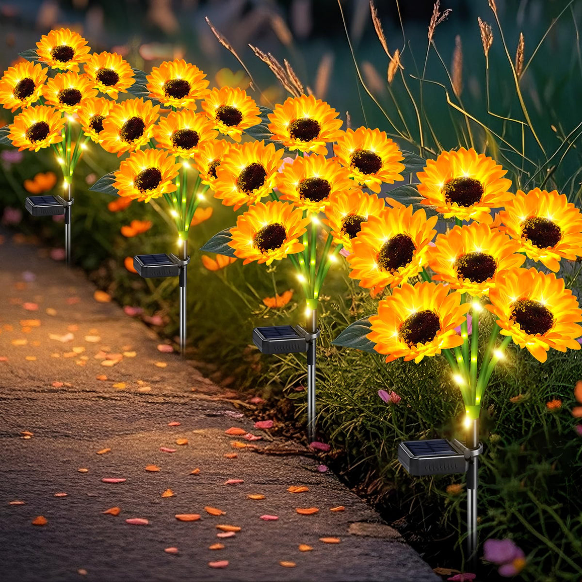 TEDOF solar sunflower lights outdoor 4-pack for warm path lighting and garden charm.