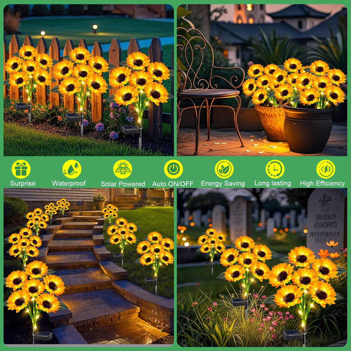 TEDOF solar sunflower lights require no wiring, simply stake into soil.