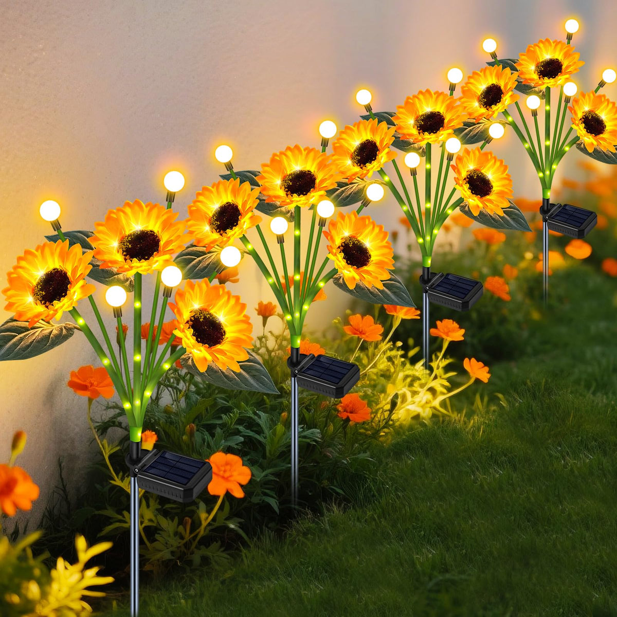 TEDOF solar sunflowers outdoor 4-pack brightens yards with warm ambient glow.