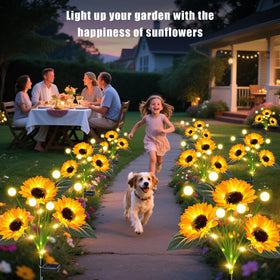 TEDOF sunflowers with firefly LEDs illuminate paths with whimsical nighttime glow.