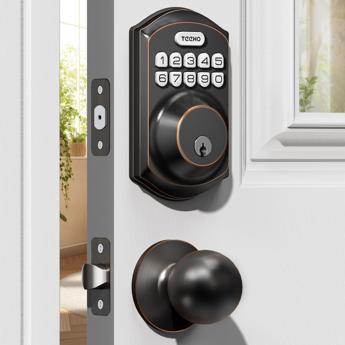 TEEHO TE001K front door lock close-up showing sturdy build and anti-peep security in action