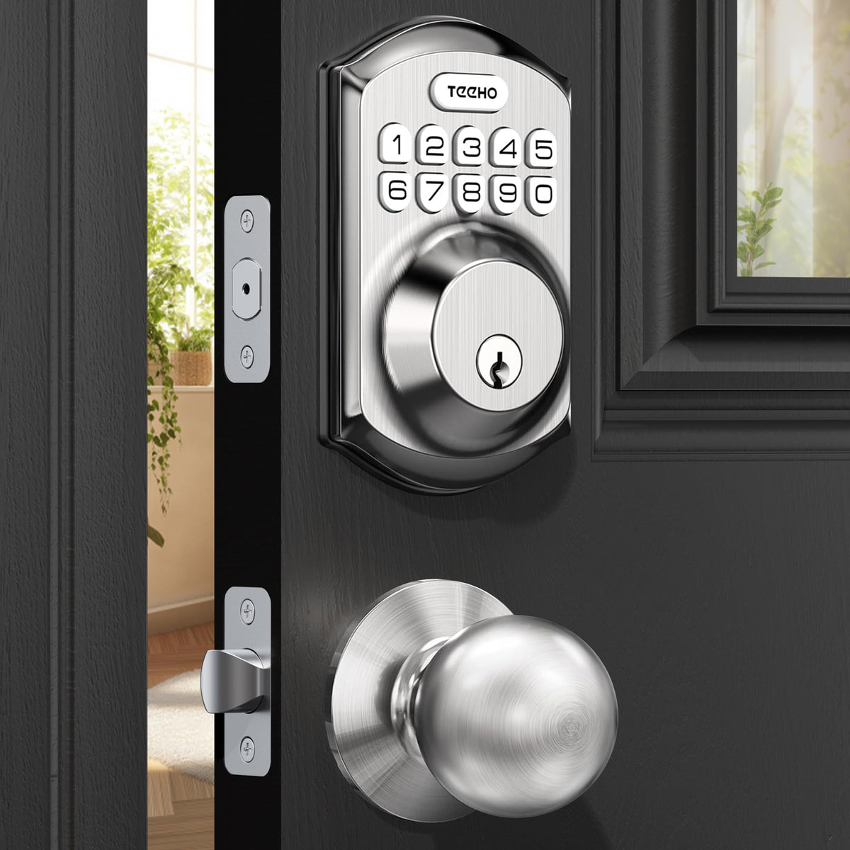 The TE001K front view in satin nickel shows a weather-resistant exterior.