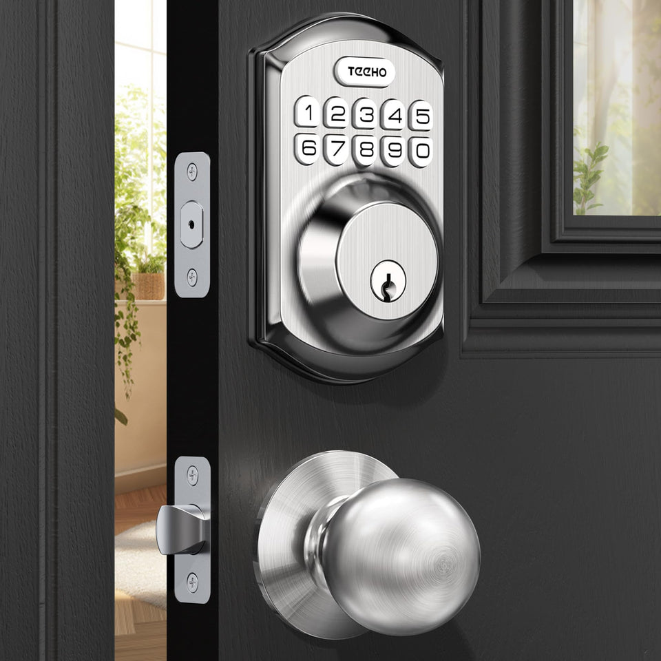 The TE001K front view in satin nickel shows a weather-resistant exterior.