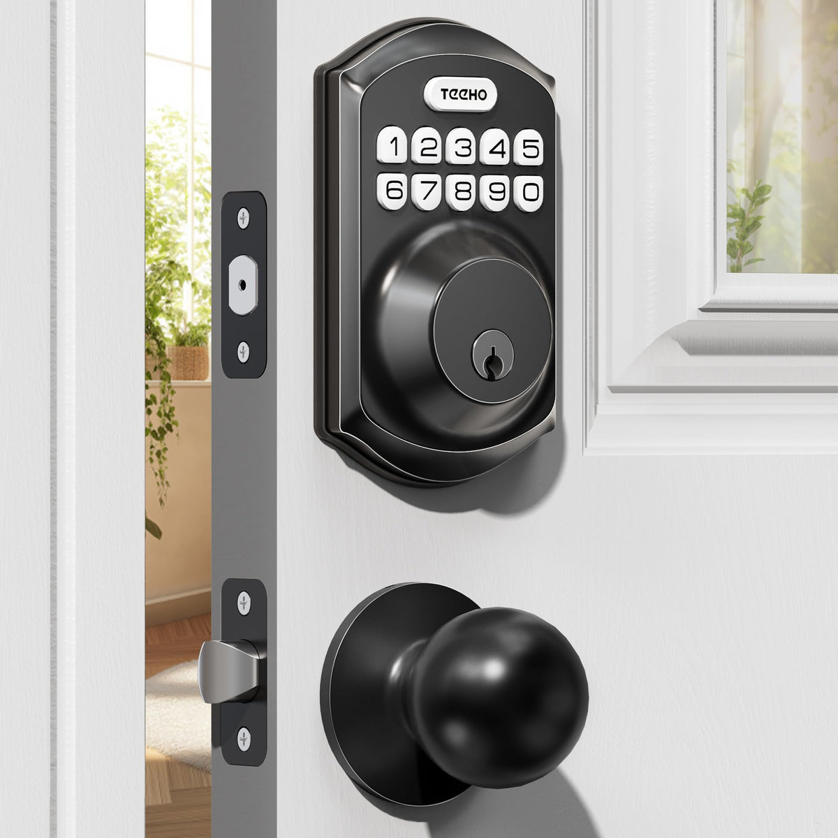 TEEHO TE001K keyless entry lock front view showing sturdy exterior security.