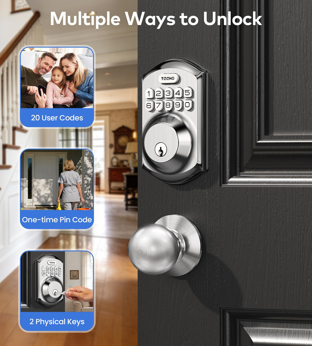 TE001K keypad close-up in satin nickel by TEEHO highlights backlit entry for night use.