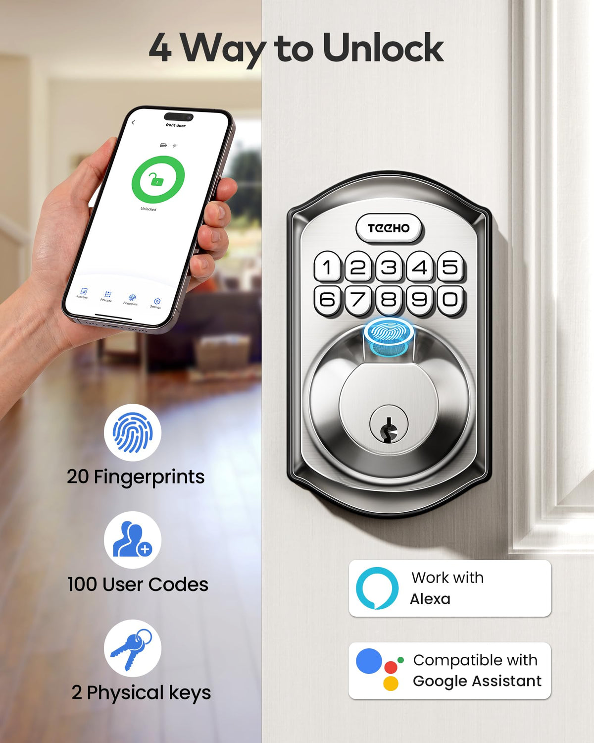 TEEHO TE012W passcode unlock supports up to 100 codes for flexible access