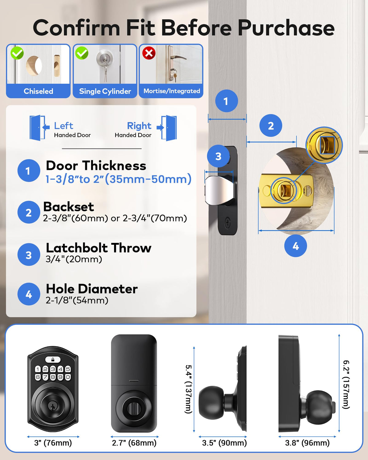 TEEHO TE018 keypad and handle close-up emphasizes simple, tool-free installation