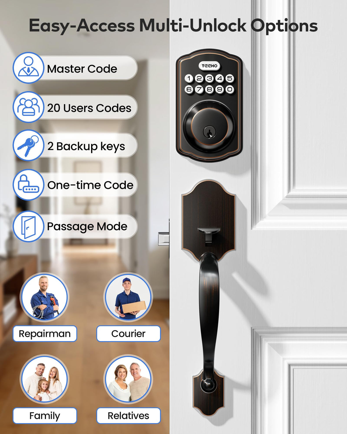 TEEHO TK001H handle set and keypad for convenient front door entry.