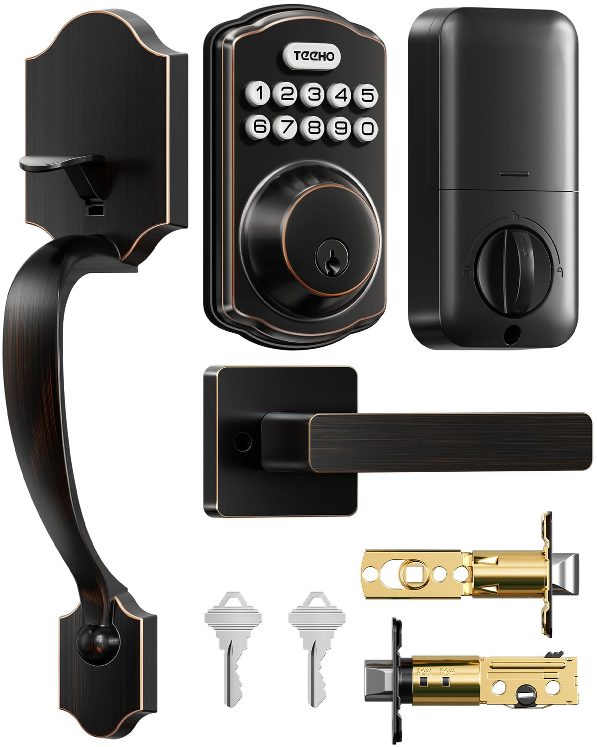 TEEHO TK001H keyless entry lock front view in oil-rubbed bronze for secure access.