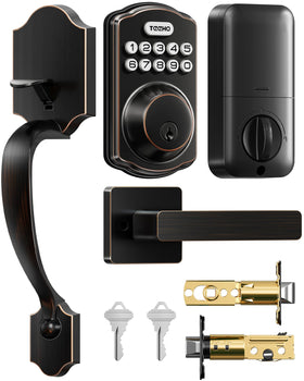 TEEHO TK001H keyless entry lock front view in oil-rubbed bronze for secure access.