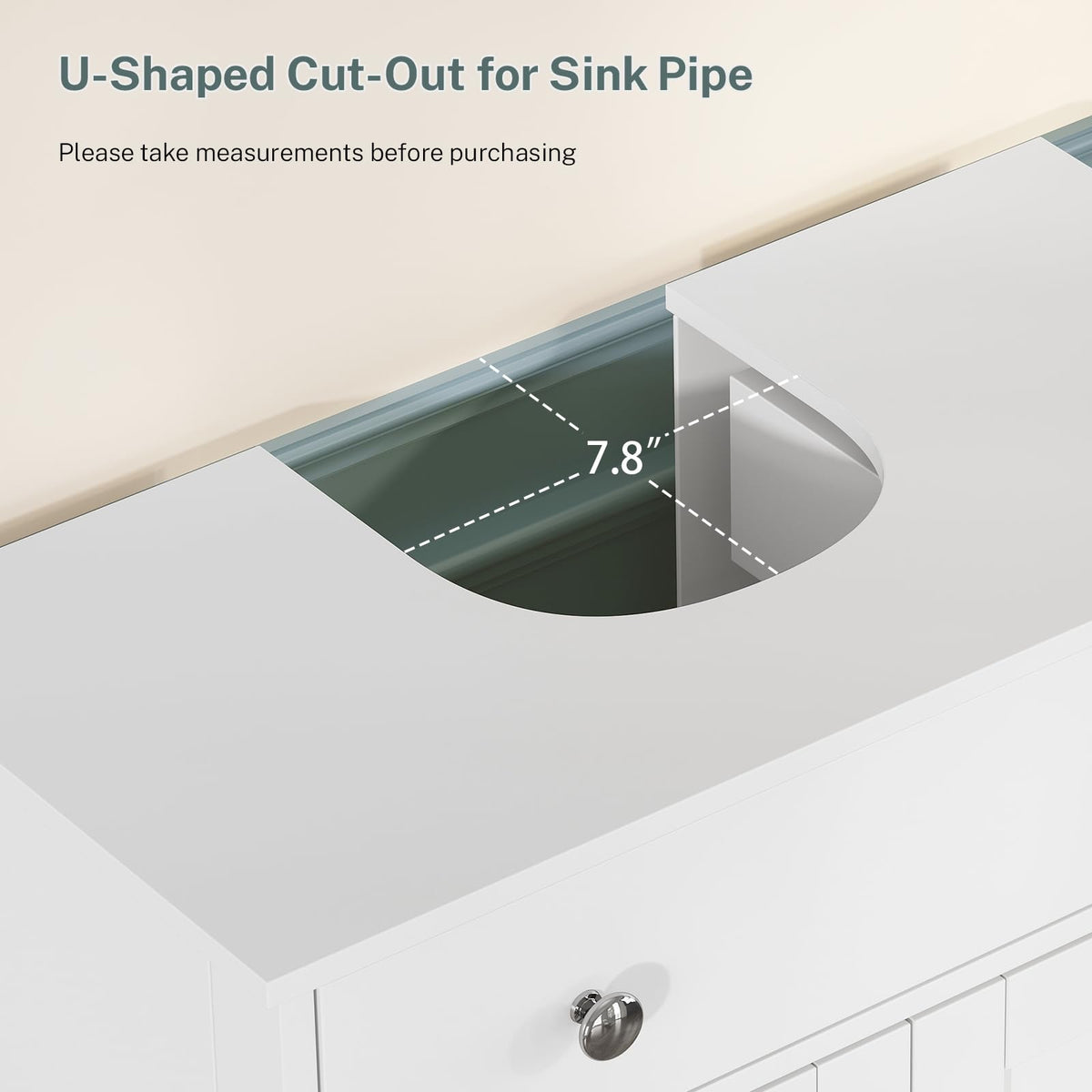 TEENFON lower cabinet hides cleaning supplies in a discreet storage space.