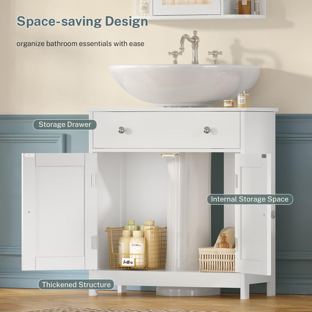 TEENFON under-sink cabinet with U-shape cutout fits plumbing.