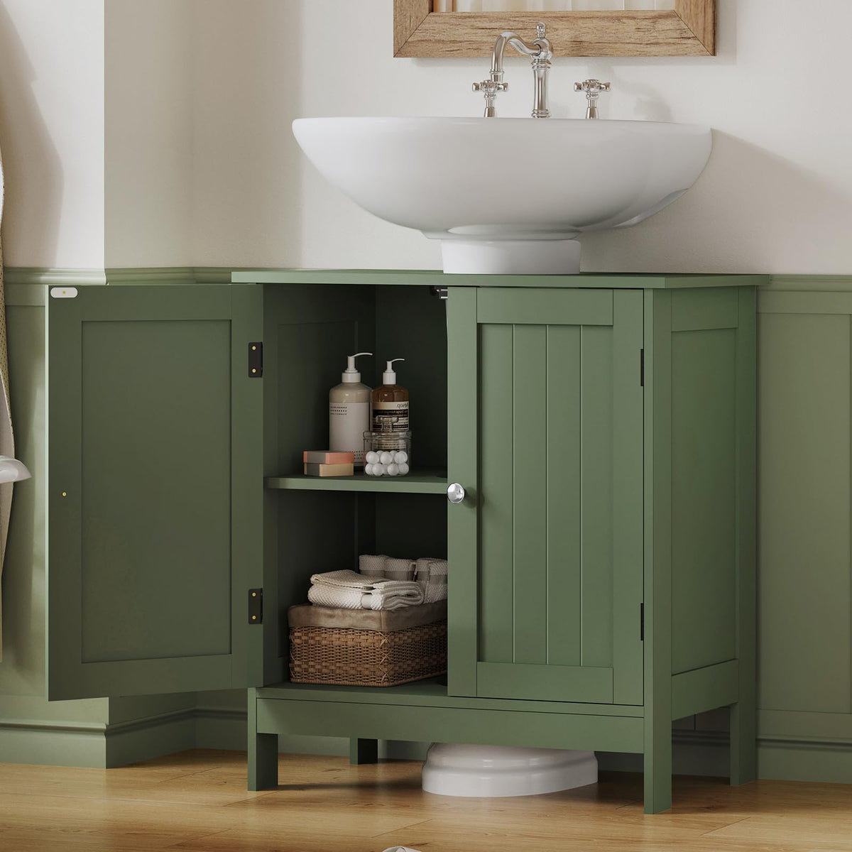 TEENFON under-sink shelf view shows interior storage for essentials