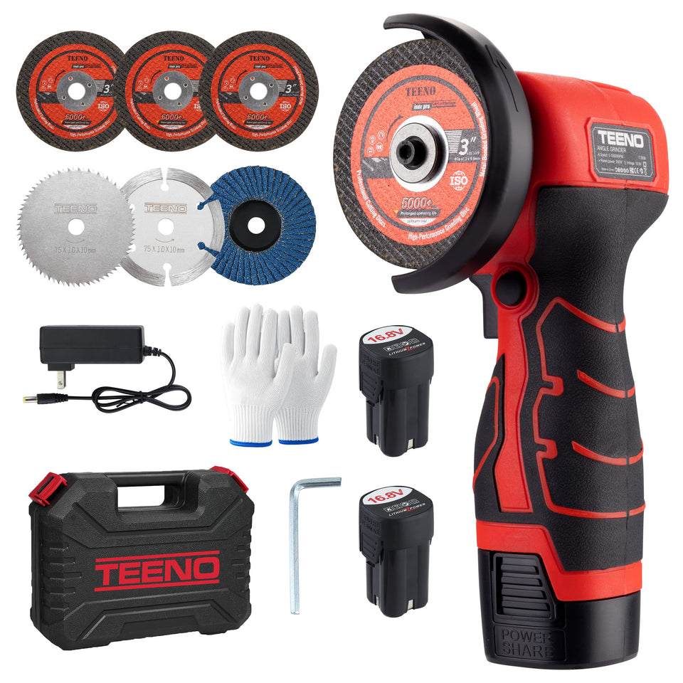 TEENO cordless angle grinder kit with batteries, ready for outdoor DIY projects.