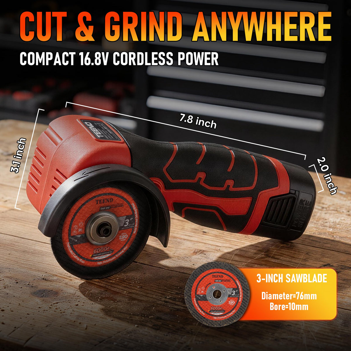 TEENO cordless angle grinder kit charging, showing included charger for continuous work.