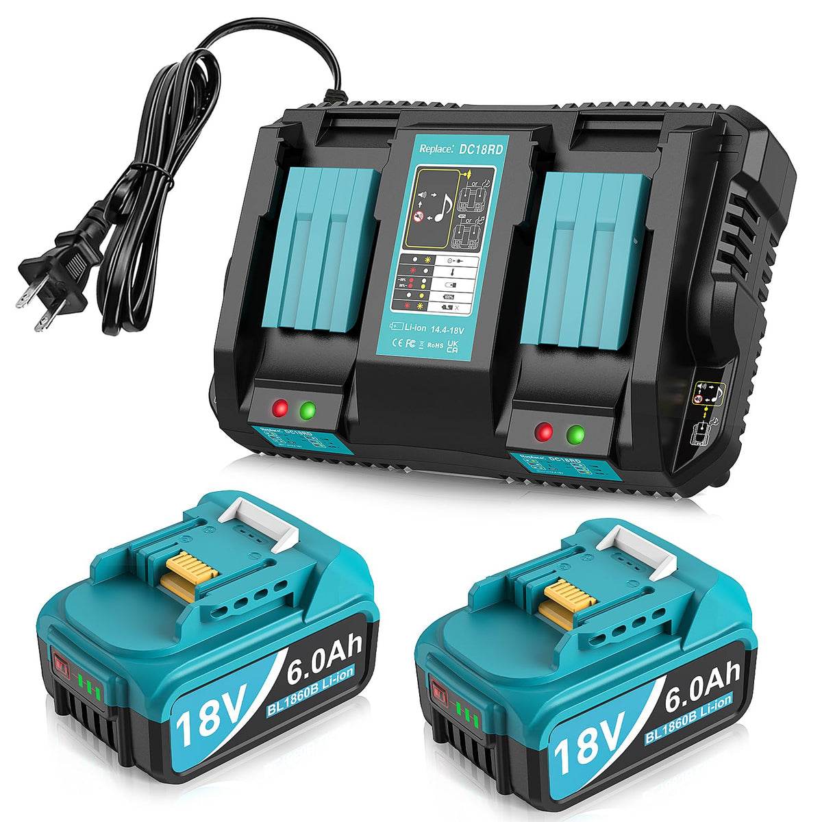 TeenPower 2Packs 6.0Ah Makita 18V battery front view for extended runtime