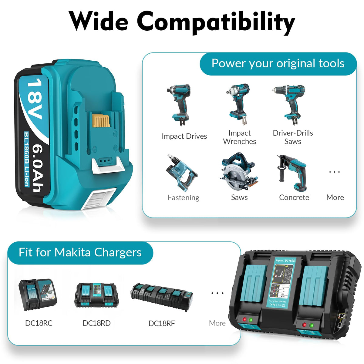 TeenPower 2Packs 6.0Ah Makita battery packaging and contents overview