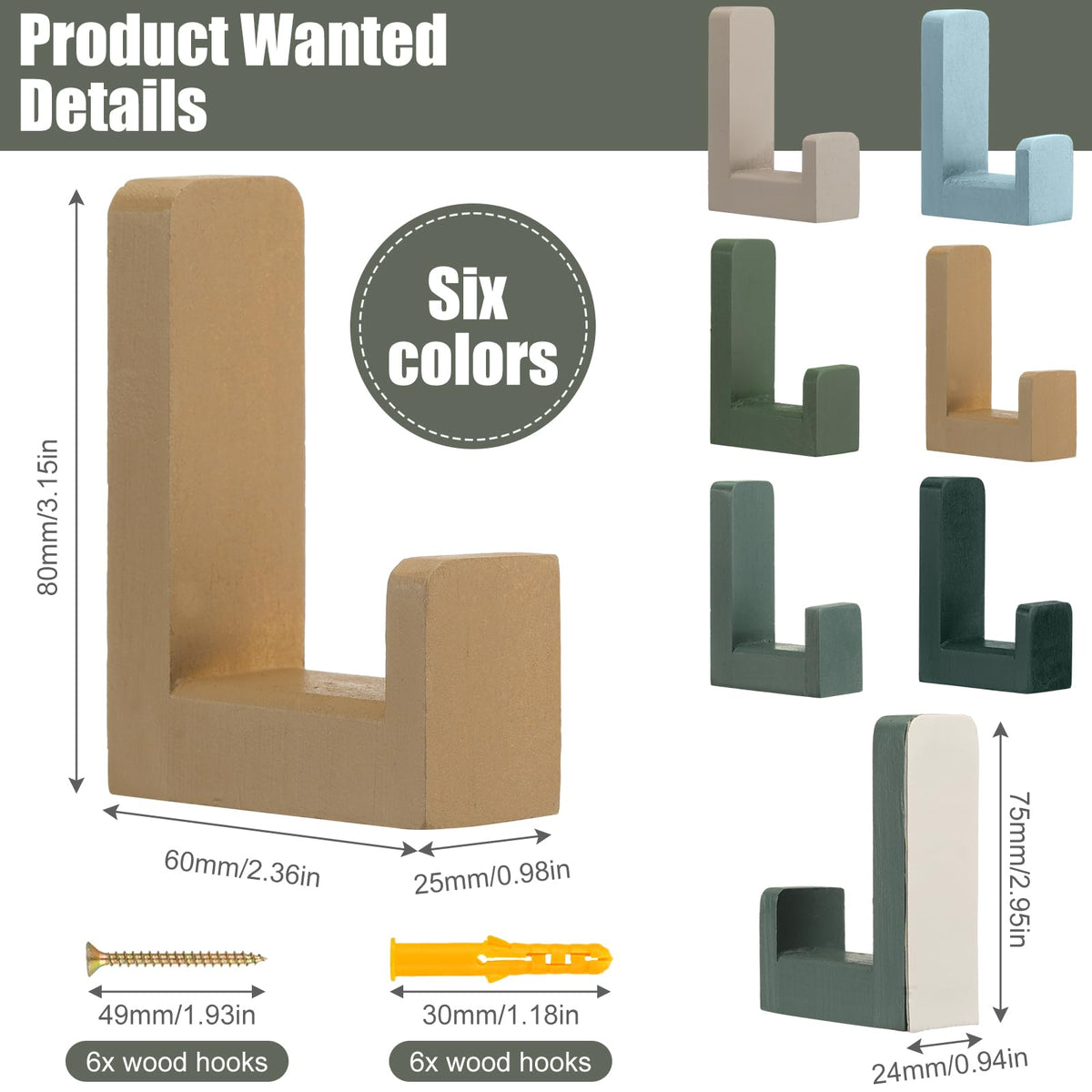 Teenyyou wooden adhesive wall hooks colorful, easy to install on tiles for lightweight items