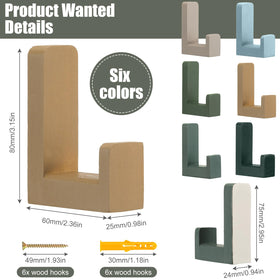 Teenyyou wooden adhesive wall hooks colorful, easy to install on tiles for lightweight items