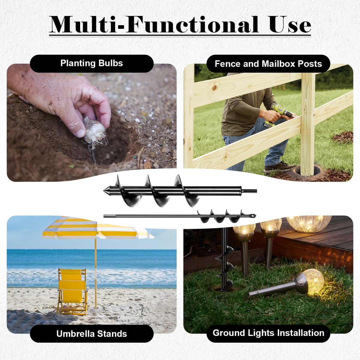 Tegarbed auger bit creates holes for fence posts and umbrellas.