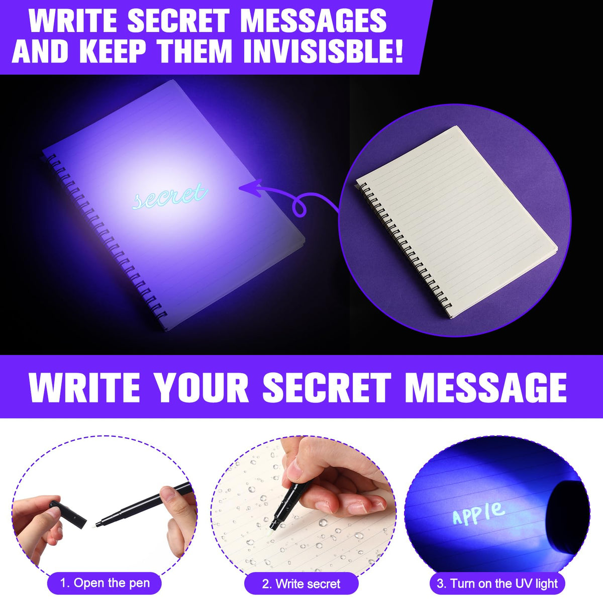 Tegeme secret messages revealed under UV light with glowing ink