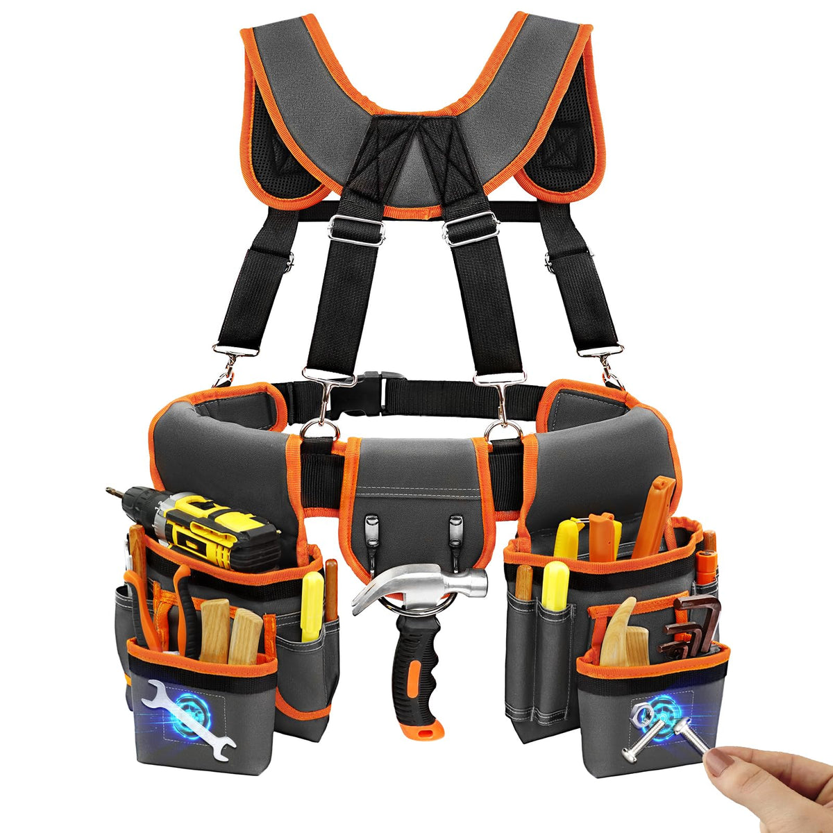 TEKCHIC magnetic tool belt front pockets keep nails accessible and secure.