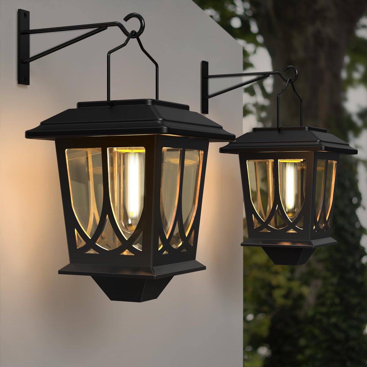 TEKLAPS solar lanterns hanging on wall illuminate porch with warm 3000K glow