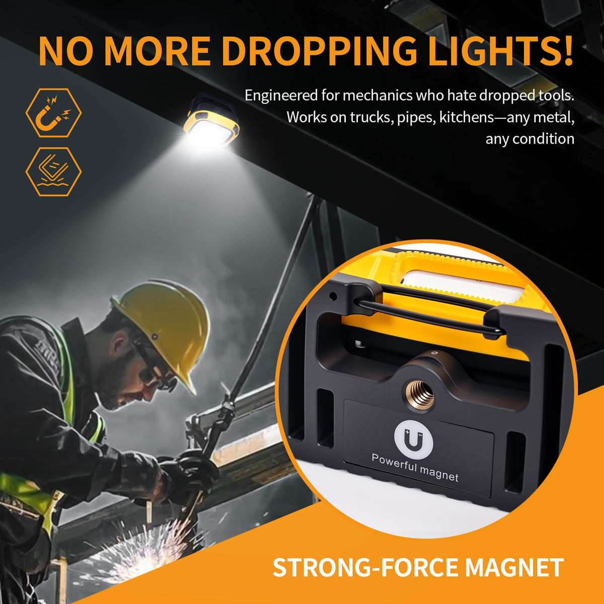 Tekstap magnetic work light showing mode display for quick brightness and color adjustments.