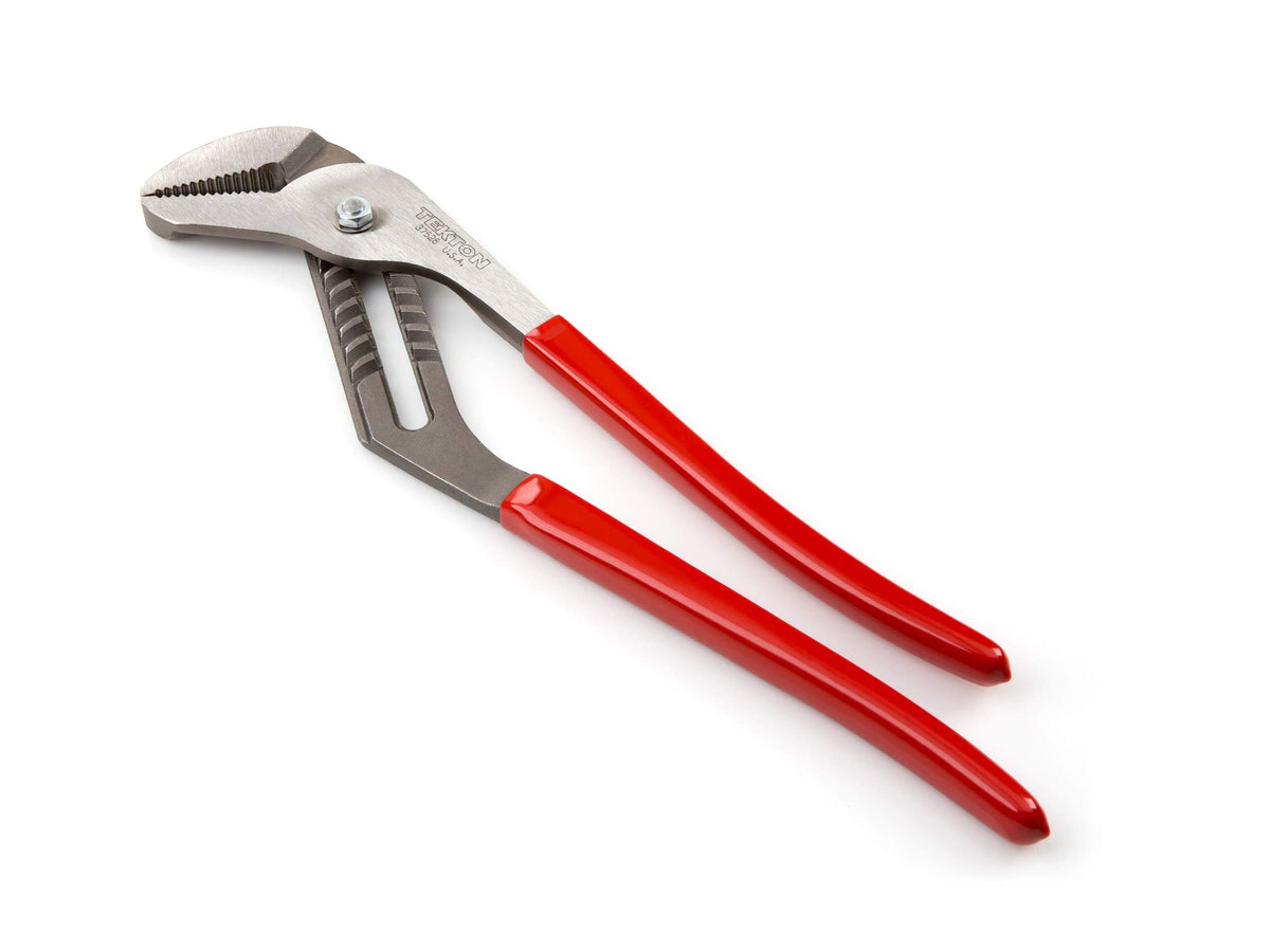 TEKTON groove joint pliers interlock with tongue and groove for stable joints.