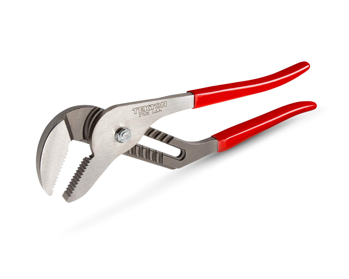 TEKTON 16-inch groove joint pliers close-up shows sharp teeth for a secure grip.