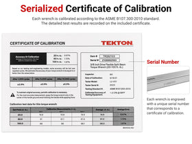 TEKTON calibration certificate for serialized torque wrench