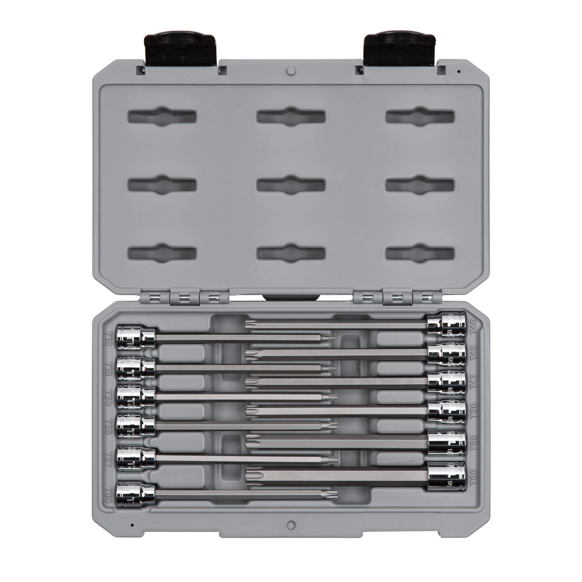 TEKTON 3/8 in drive long Torx sockets in case for organized storage and quick access.