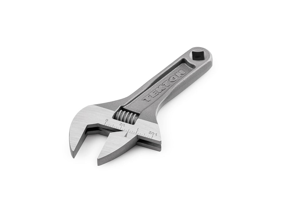TEKTON 6-inch adjustable wrench with jaw capacity up to 38 mm for larger fasteners.