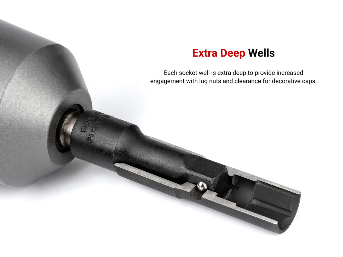 TEKTON flip socket 7-8-15-16in facilitates large lug nut handling.
