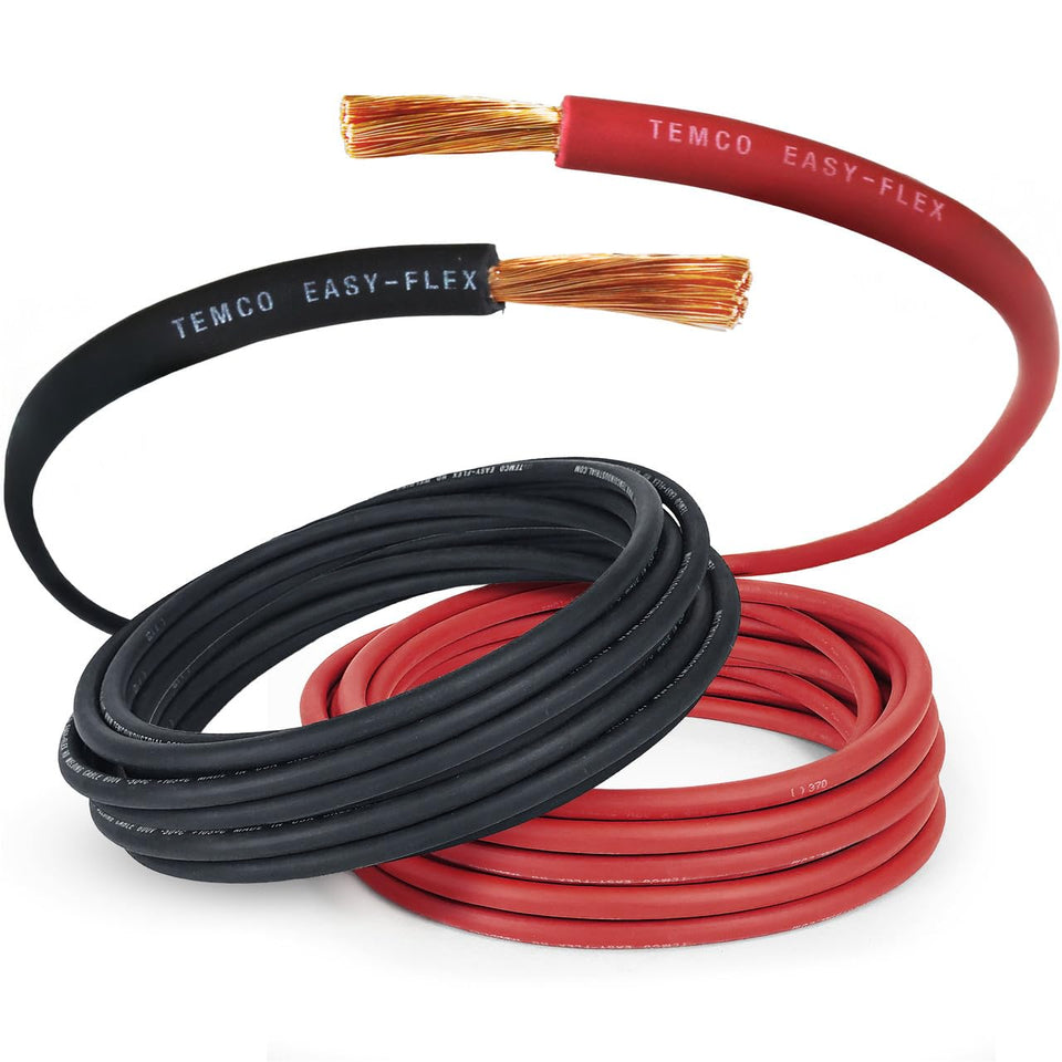 TEMCo 4-gauge welding cable black showing heavy-duty power lead and flexibility