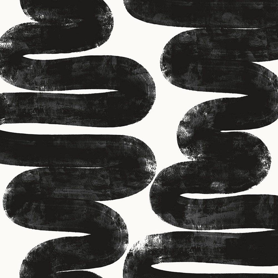 Tempaper Bobby Berk Wiggle Room wallpaper with bold black brushstrokes for a dramatic focal wall.
