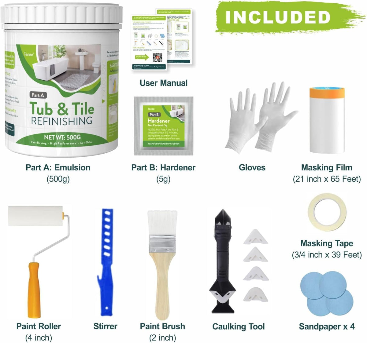Tenee tub refinishing kit contents with eight tools