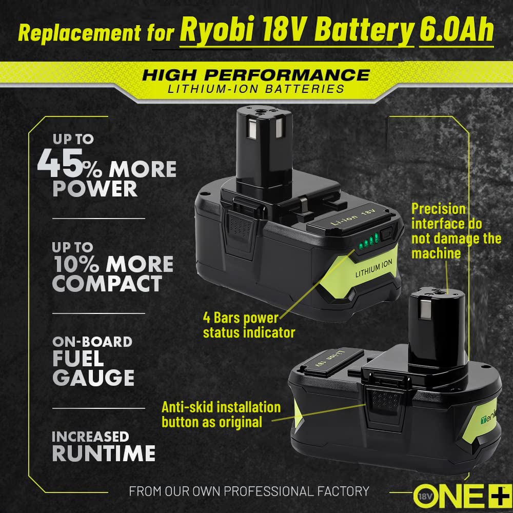 TenHutt 6.0Ah Li-ion battery for Ryobi keeps tools ready for heavy-duty tasks.