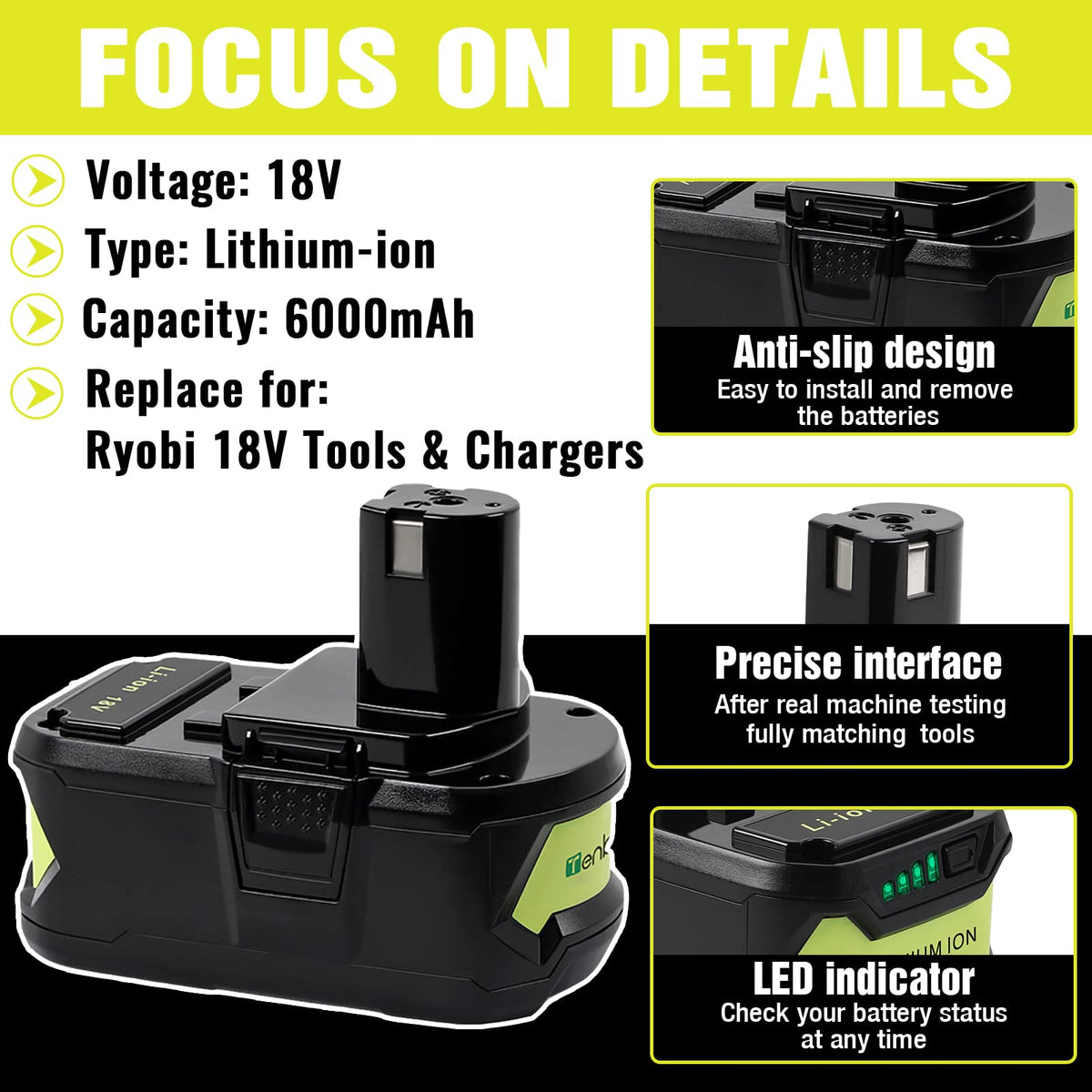 TenHutt battery pack for Ryobi 18V ONE+ enhances cordless tool compatibility.